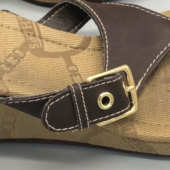 chaps brown wedged buckle high heels sandals flip flats 9.5 READ - Picture 3 of 11